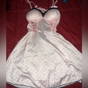 Polka Dot Satin Chemise with Pink Lace Accents